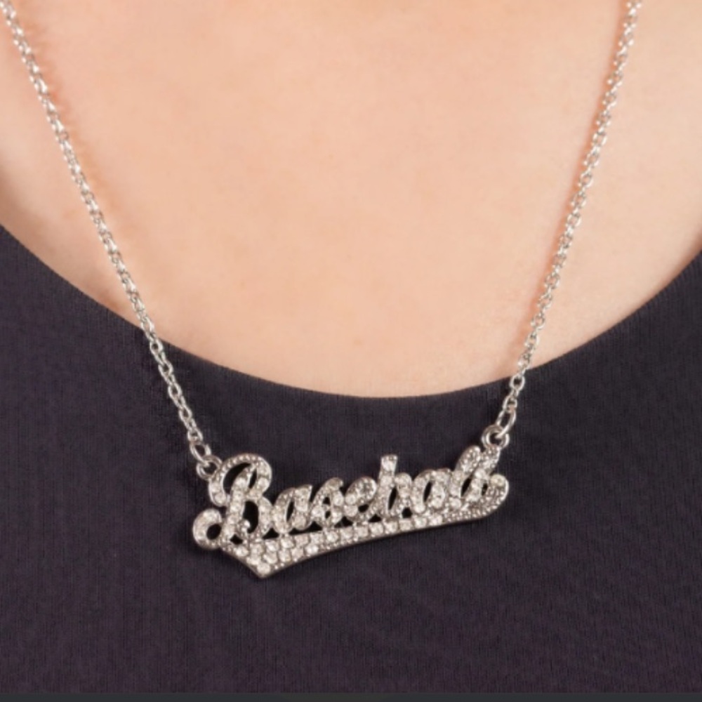 Baseball Necklace Silver Tone Cursive Font 18 Inch Plus Extender